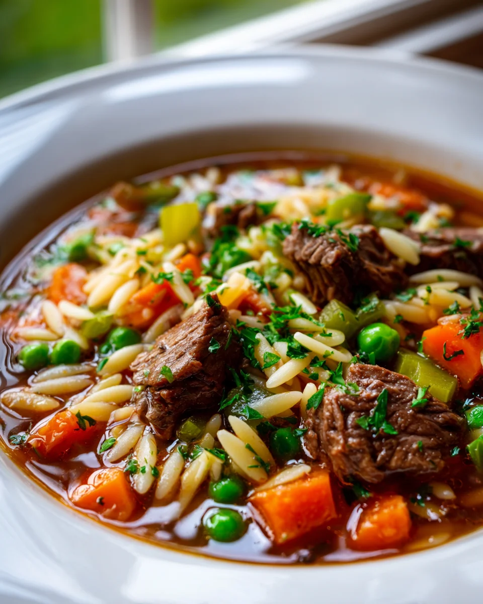 Hearty Beef and Orzo Soup with Fresh Garden Veggies Recipe