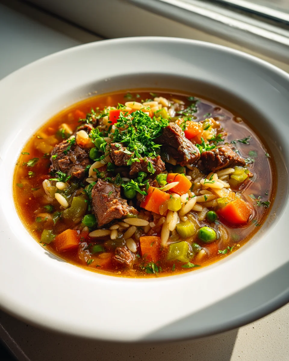 Hearty Beef and Orzo Soup with Fresh Garden Veggies Recipe