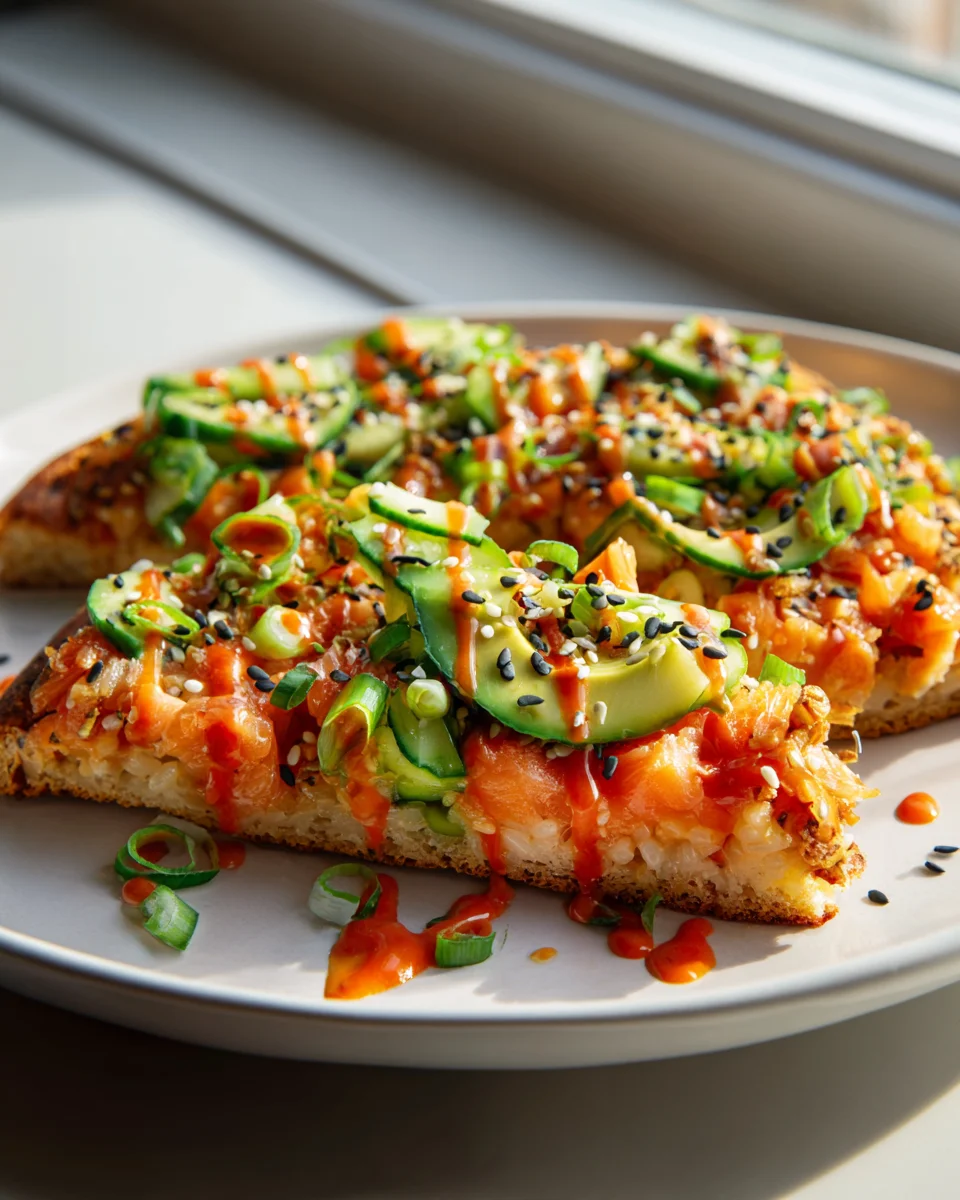 Salmon Sushi Bake Flatbread Pizza with Spicy Drizzle Recipe