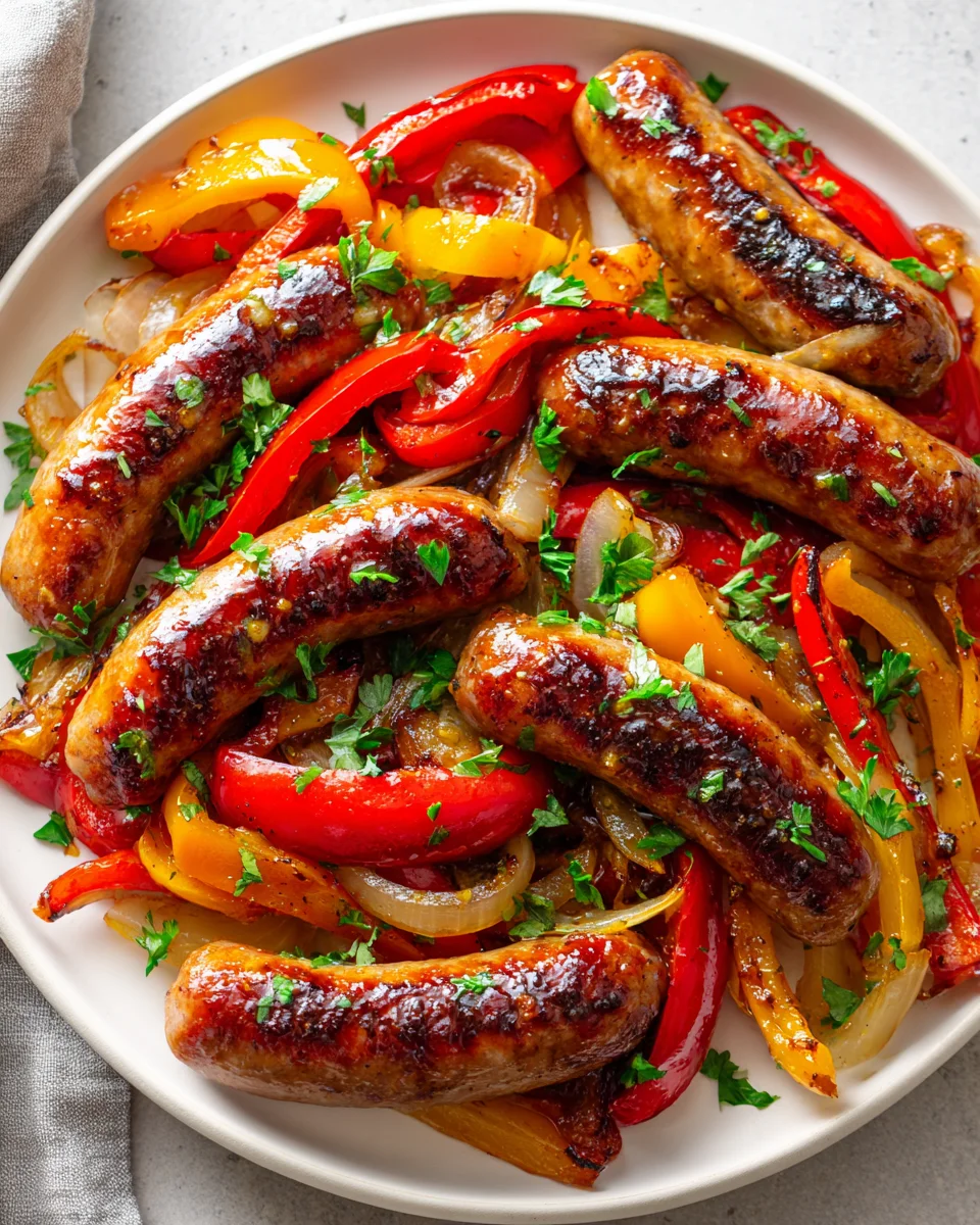 Grilled BBQ Beef Sausage with Peppers, Onions & Mustard Glaze