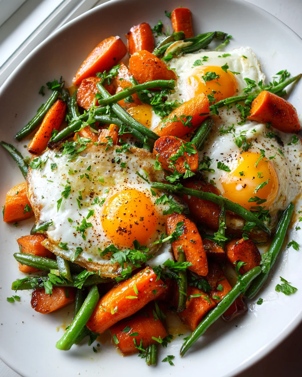 Honey Glazed Carrots & Green Beans Breakfast Hash with Eggs