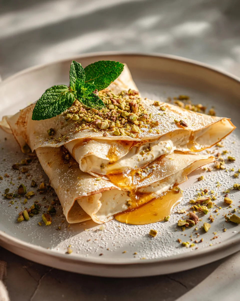 Baklava Pistachio Cheesecake Crepes with Honey Drizzle Recipe